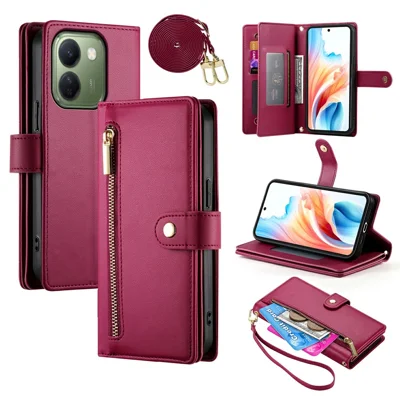 For vivo V80 Lite 5G Leather Case Zipper Pocket Wallet Phone Cover with Straps - Red
