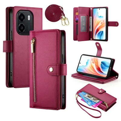 Funda de cuero para Honor X6e 4G / X7e 4G / Play 80 Plus 5G, funda tipo cartera con bolsillo con cremallera y correa - Rojo
