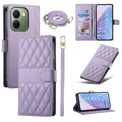 Cover Portafoglio in Pelle con Cucitura a Rombo per vivo V80 Lite 5G, Supporto, Cinghia Lunga / Corta - Viola