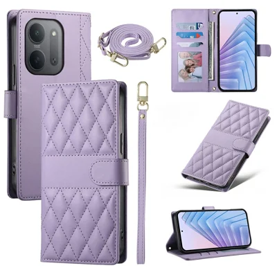 For Xiaomi Redmi 17C 5G Wallet Case Rhombus Stitching Stand Leather Phone Cover with Long  /  Short Strap - Purple