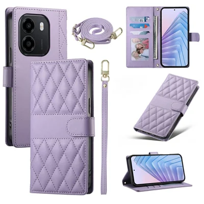Wallet Case For Honor X6e 4G  /  X7e 4G  /  Play 80 Plus 5G Rhombus Stitching Stand Leather Phone Cover with Long  /  Short Strap - Purple