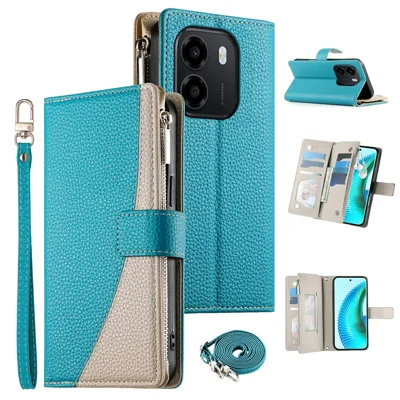 Funda de Cuero para Honor X6e 4G / X7e 4G / Play 80 Plus 5G, Funda Abatible con Cartera y Correas de Colores Combinados - Azul Lago
