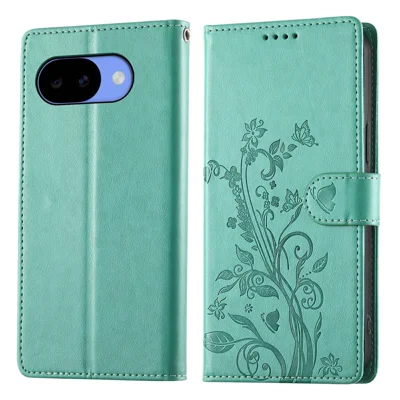 Til Google Pixel 11a tegnebogstaske med sommerfugl blomstertryk PU-læder telefonbeskyttelse med håndledsrem - Grøn
