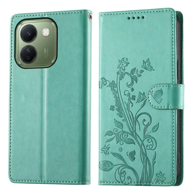 For vivo V80 Lite 5G Wallet Case Butterfly Floral Imprint PU Leather Phone Cover with Wrist Strap - Green