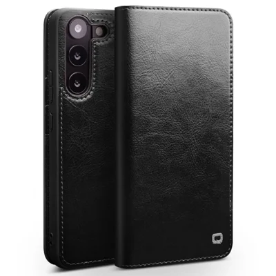 QIALINO For Samsung Galaxy S23 Genuine Leather Phone Case Drop-Proof Flip Cover Wallet Stand - Black