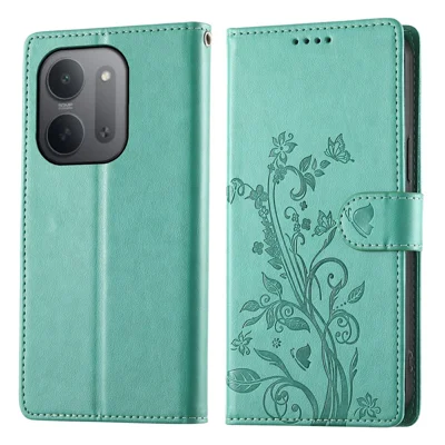 For Xiaomi Redmi 17C 5G Wallet Case Butterfly Floral Imprint PU Leather Phone Cover with Wrist Strap - Green