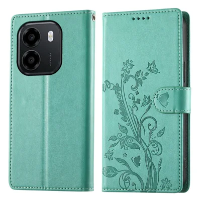 Wallet Case For Honor X6e 4G  /  X7e 4G  /  Play 80 Plus 5G Butterfly Floral Imprint PU Leather Phone Cover with Wrist Strap - Green