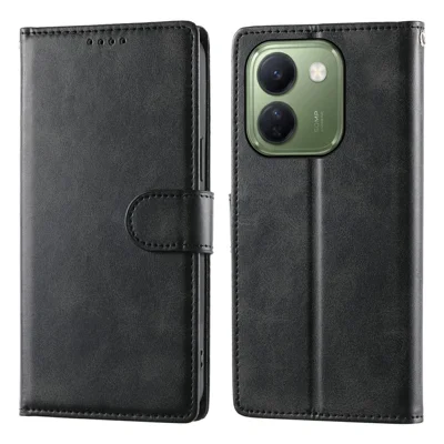 For vivo V80 Lite 5G Phone Case Stand Wallet Calf Texture PU Leather Flip Phone Cover with Wrist Strap - Black