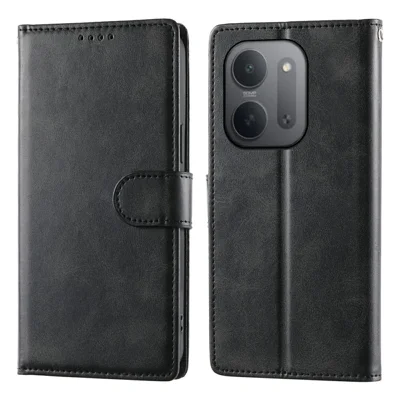 For Xiaomi Redmi 17C 5G Phone Case Stand Wallet Calf Texture PU Leather Flip Phone Cover with Wrist Strap - Black