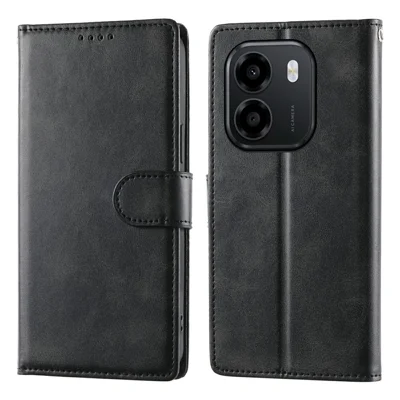 Funda de teléfono para Honor X6e 4G / X7e 4G / Play 80 Plus 5G, carcasa abatible con soporte y billetera, textura de piel de becerro, cuero PU con correa de muñeca - Negro