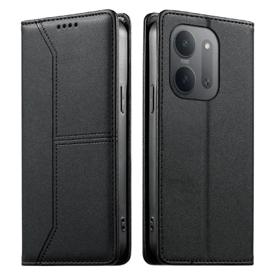 For Xiaomi Redmi 17C 5G Wallet Stand Case Line Splicing TPU PU Leather Phone Cover - Black