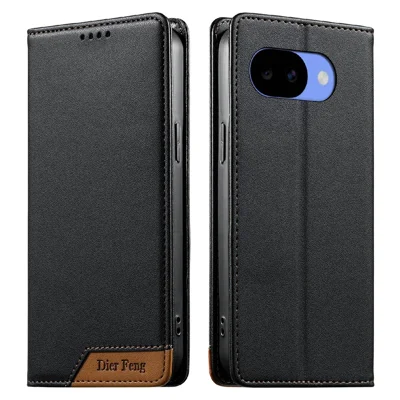 DIERFENG DF-018 Til Google Pixel 11a Etui med RFID-blokerende Wallet Læderdæksel med farvesammensat logohjørne - Sort