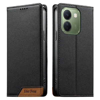 DIERFENG DF-018 For vivo V80 Lite 5G Case RFID Blocking Wallet Leather Phone Cover with Color Splicing Logo Corner - Black