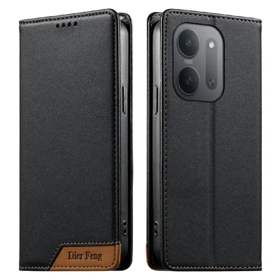 DIERFENG DF-018 For Xiaomi Redmi 17C 5G Case RFID Blocking Wallet Leather Phone Cover with Color Splicing Logo Corner - Black