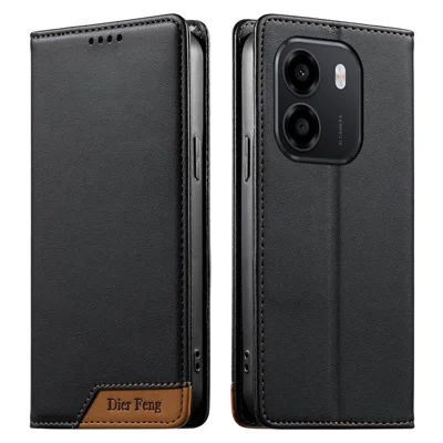 DIERFENG DF-018 Funda de Cuero para Honor X6e 4G / X7e 4G / Play 80 Plus 5G, Funda Tipo Cartera con Bloqueo RFID y Esquina del Logotipo de Empalme de Color - Negro