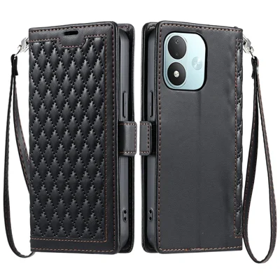 Etui skórzane do Xiaomi Redmi Note 17 5G (Global) / 17 4G (Global) / 17 (Indie/Chiny) 5G, tekstura rombów, etui portfel z uchwytem do stojaka i opaską na nadgarstek - Czarny