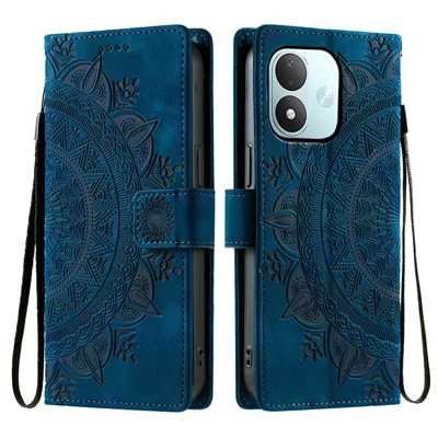 Futera skórzana na Xiaomi Redmi Note 17 5G (Global) / 17 4G (Global) / 17 (Indie/Chiny) 5G, nadrukowany wzór totemu, faktura skóry, etui portfel z paskiem na rękę - niebieski