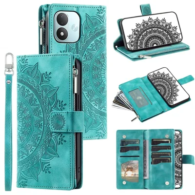 Etui portfelikowe do Xiaomi Redmi Note 17 5G (Global) / 17 4G (Global) / 17 (Indie/Chiny) 5G, wzór mandali, futerał z syntetycznej skóry PU z rzemykiem na nadgarstek – jasnozielony