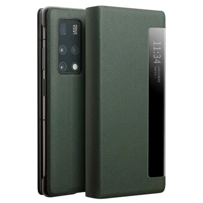QIALINO Shockproof Cover for Huawei Mate X2 5G Genuine Cowhide Leather Phone Case Anti-Fall Phone Case with View Window - Green