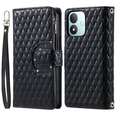 Futera na telefon do Xiaomi Redmi Note 17 5G (Global) / 17 4G (Global) / 17 (Indie/Chiny) 5G, błyszcząca futerał skórzana z kieszenią na zamek i rzemieniem na nadgarstek – Czarny