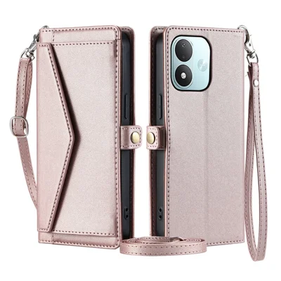 Etui skórzane dla Xiaomi Redmi Note 17 5G (Global) / 17 4G (Global) / 17 (Indie/Chiny) 5G, etui portfelowe z uchwytem i paskami - różowe złoto