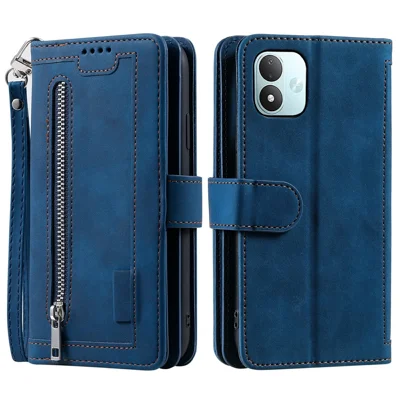 Etui na telefon do Xiaomi Redmi Note 17 5G (Global) / 17 4G (Global) / 17 (Indie/Chiny) 5G, etui portfelowe z 9 slotami na karty, z kieszonką na zamek, pokrowiec z syntetycznej skóry PU z rączką - niebieski