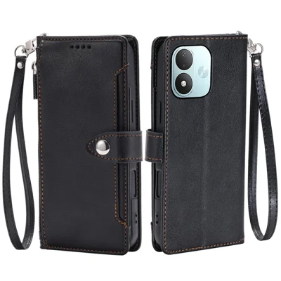 Etui portfelik na Xiaomi Redmi Note 17 5G (Global) / 17 4G (Global) / 17 (Indie/Chiny) 5G, tekstura licha, kieszeń na zamek, etui na telefon z funkcją podpórki i opaską na nadgarstek - Czarny