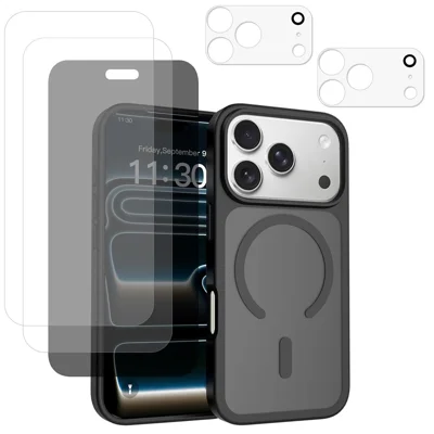 Cover magnetica per iPhone 18 Pro Max, custodia in TPU + PC anti-impronta con 2 pellicole HD per schermo + 2 protezioni per obiettivo + 1 pellicola privacy - Nero