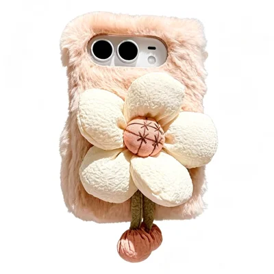 For iPhone Duo Case Sunflower Fur Soft Warm Winter Plush PC Phone Cover - Pink