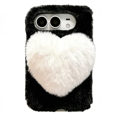 For iPhone Duo Phone Case 3D Heart Plush Hard PC Fluffy Protective Cover - Black+White