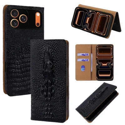 For iPhone 17 Pro Max Case 3D Crocodile Skull Flip Wallet RFID Blocking Genuine Cow Leather Phone Cover - Black