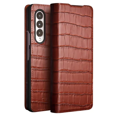 QIALINO Crocodile Texture Phone Case for Samsung Galaxy Z Fold4 5G, Business Style Shockproof Cowhide Leather Phone Cover - Brown