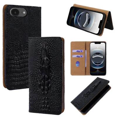 Funda de Cuero Auténtico de Vaca con Cierre Abatible con Diseño de Calavera de Cocodrilo 3D y Bloqueo RFID para Teléfono iPhone SE (2022) / (2020) / 8 / 7 - Negro
