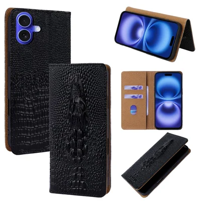 For iPhone 16 Case 3D Crocodile Skull Flip Wallet RFID Blocking Genuine Cow Leather Phone Cover - Black
