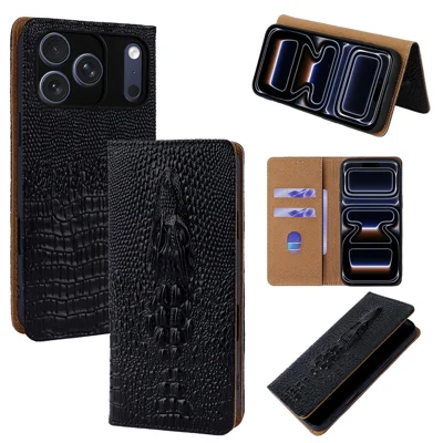 For iPhone 17 Pro Case 3D Crocodile Skull Flip Wallet RFID Blocking Genuine Cow Leather Phone Cover - Black