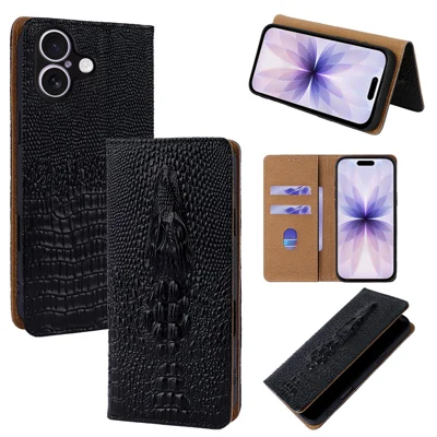 For iPhone 17 Case 3D Crocodile Skull Flip Wallet RFID Blocking Genuine Cow Leather Phone Cover - Black