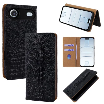 For iPhone Air Case 3D Crocodile Skull Flip Wallet RFID Blocking Genuine Cow Leather Phone Cover - Black