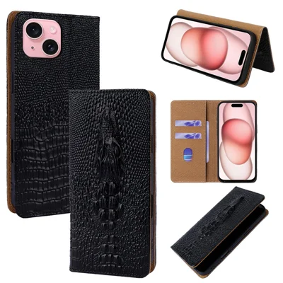 For iPhone 15 Case 3D Crocodile Skull Flip Wallet RFID Blocking Genuine Cow Leather Phone Cover - Black