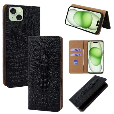 For iPhone 15 Plus Case 3D Crocodile Skull Flip Wallet RFID Blocking Genuine Cow Leather Phone Cover - Black