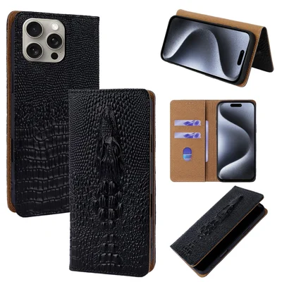 For iPhone 15 Pro Max Case 3D Crocodile Skull Flip Wallet RFID Blocking Genuine Cow Leather Phone Cover - Black