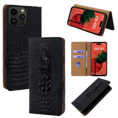 For iPhone 14 Pro Max Case 3D Crocodile Skull Flip Wallet RFID Blocking Genuine Cow Leather Phone Cover - Black
