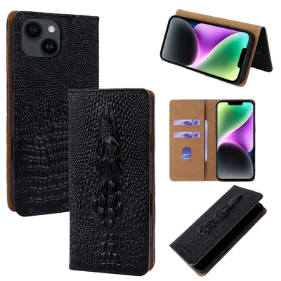 For iPhone 14 Case 3D Crocodile Skull Flip Wallet RFID Blocking Genuine Cow Leather Phone Cover - Black