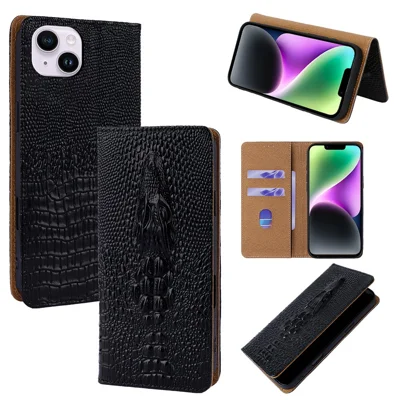 For iPhone 14 Plus Case 3D Crocodile Skull Flip Wallet RFID Blocking Genuine Cow Leather Phone Cover - Black