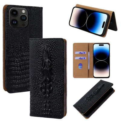 For iPhone 14 Pro Case 3D Crocodile Skull Flip Wallet RFID Blocking Genuine Cow Leather Phone Cover - Black