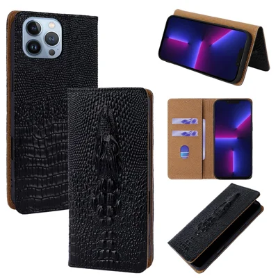 For iPhone 13 Pro Max Case 3D Crocodile Skull Flip Wallet RFID Blocking Genuine Cow Leather Phone Cover - Black