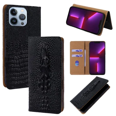 For iPhone 13 Pro Case 3D Crocodile Skull Flip Wallet RFID Blocking Genuine Cow Leather Phone Cover - Black