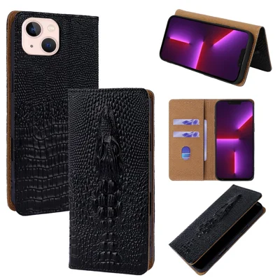 For iPhone 13 Case 3D Crocodile Skull Flip Wallet RFID Blocking Genuine Cow Leather Phone Cover - Black