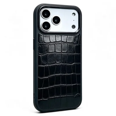 For iPhone 18 Pro Max / 17 Pro Max Case Genuine Cow Leather Crocodile Bamboo Grain Pattern Shockproof Phone Cover - Black