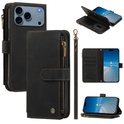 Capa Carteira em Couro para iPhone 18 Pro Max / 17 Pro Max com 9 Espaços para Cartões, Fecho com Zíper, Suporte e Alça de Pulso - Preto