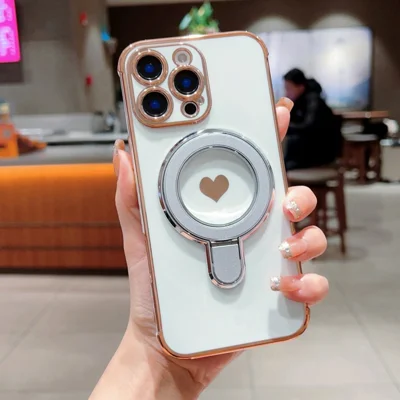 Cover per iPhone 16 Pro con Supporto Stand, Stampa a Cuore, Rivestimento Elettrolitico, Copertura Posteriore in TPU - Bianco Avorio